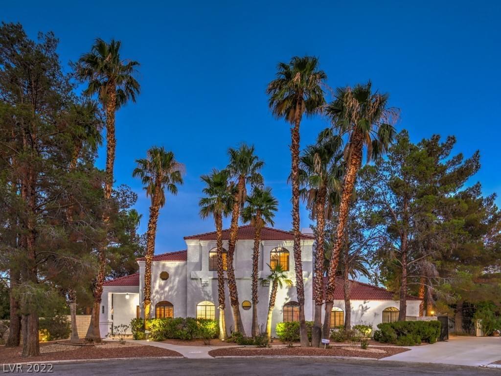 Front of a very large, mansion home with very tall palm trees out front